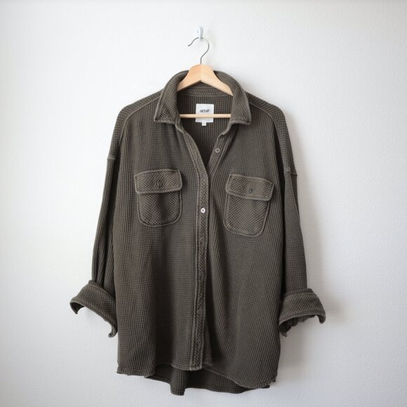Aerie Lumber Jane Waffle Button Front Shirt in Nomad Olive | M - Picture 2 of 5